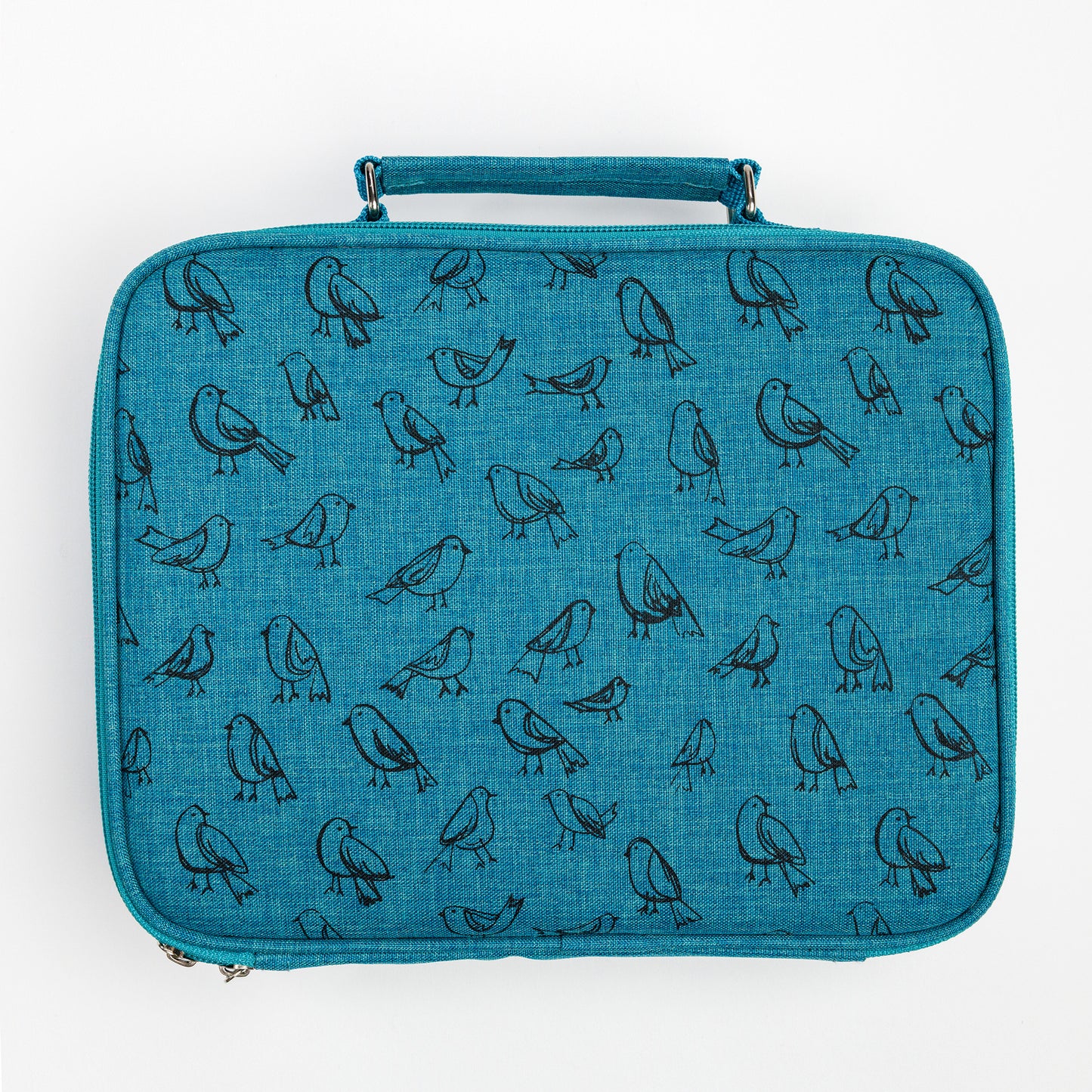 Teal Cozy Lark travel art case with black bird illustrations and handle on top against white background