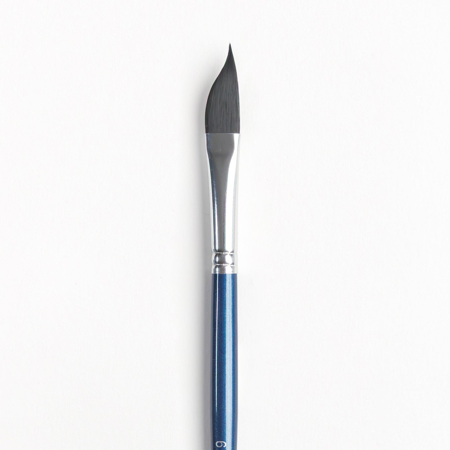 Close up of aSize 6 dagger round brush with dark bristles, silver ferrule and dark blue handle