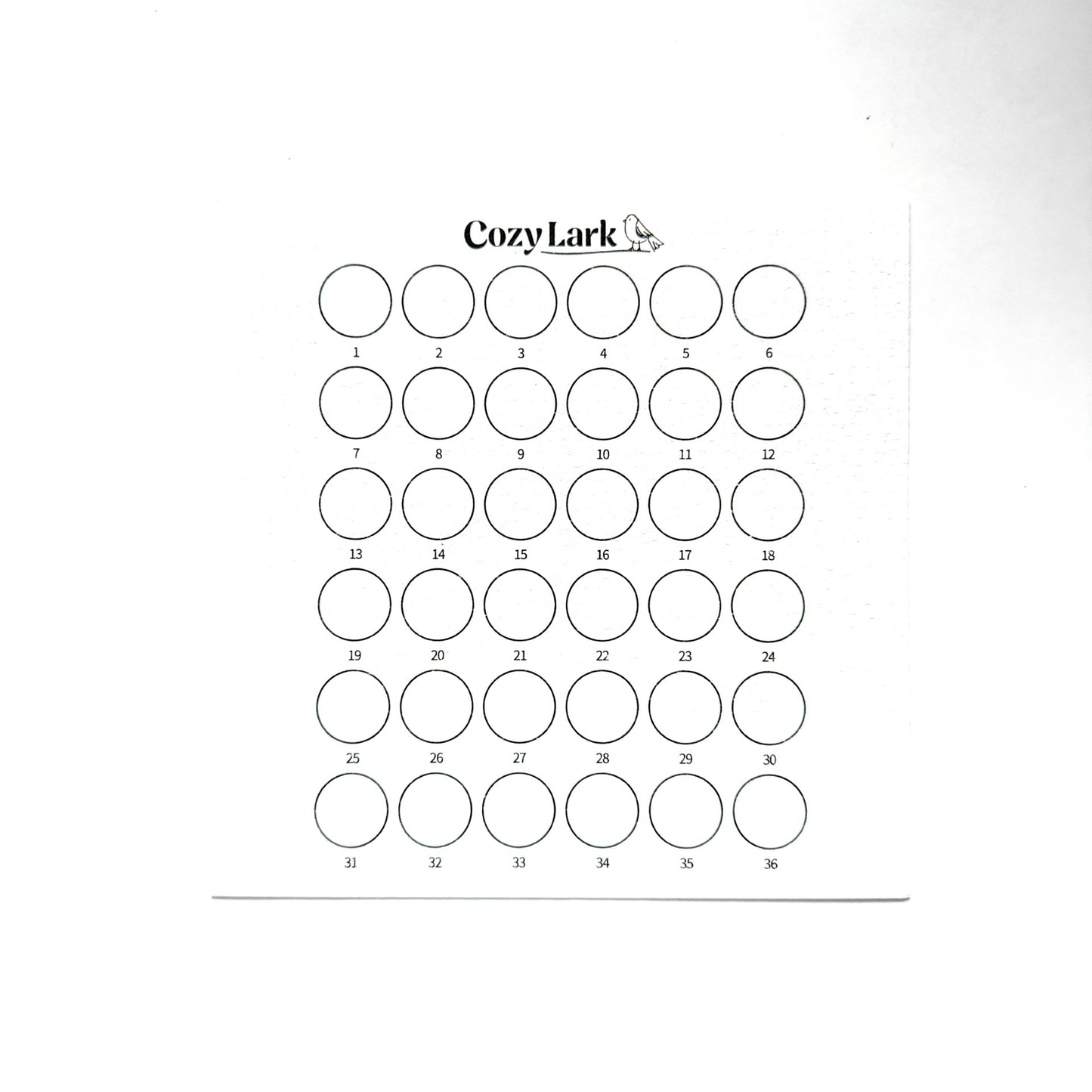 Sheet of 36 circles for swatching with 'Cozy Lark' branding on a white background