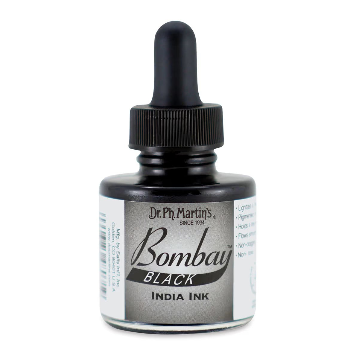 Bottle of Dr. Ph. Martin's Bombay Black India Ink on a white background