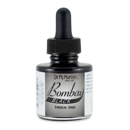 Bottle of Dr. Ph. Martin's Bombay Black India Ink on a white background