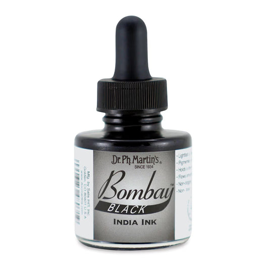Bottle of Dr. Ph. Martin's Bombay Black India Ink on a white background