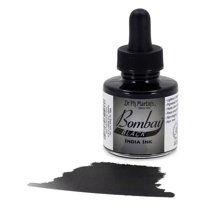 Bottle of Dr. Martin's Bombay Black India Ink with a dropper on a white background