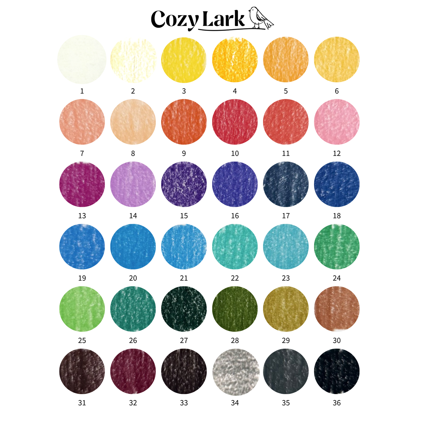 A color chart sheet for Cozy Lark colored pencils, displaying 36 numbered circular swatches in a wide range of colors, on a white background.