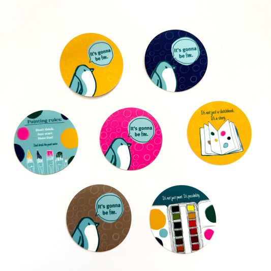 Seven colorful stickers with a bird and encouraging art sayings