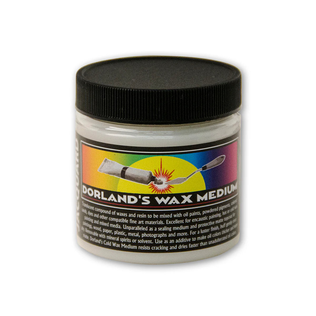 Jar of Dorland's Wax Medium with black lid on a white background