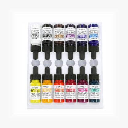 Set of Hydrus watercolor bottles with colorful labels on a white background