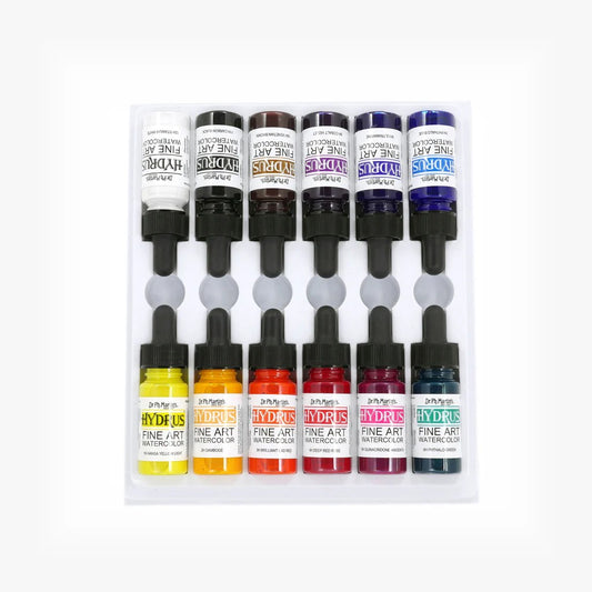 Set of Hydrus watercolor bottles with colorful labels on a white background