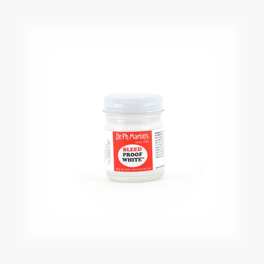 Small jar of white paint with a label that says Bleed Proof White