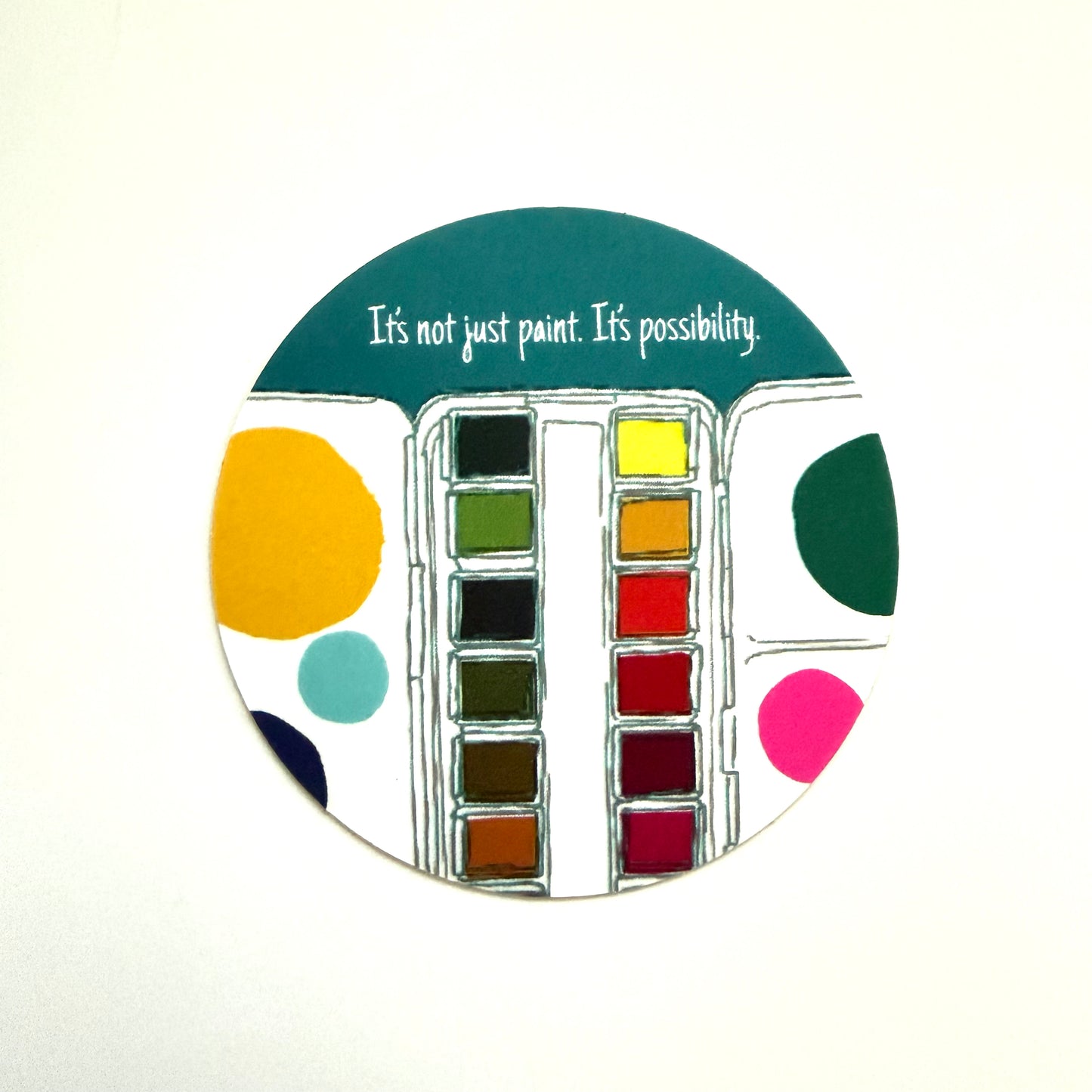 Colorful paint palette with text 'It's not just paint. It's possibility' on a white background