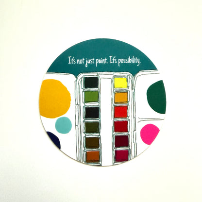 Colorful paint palette with text 'It's not just paint. It's possibility' on a white background