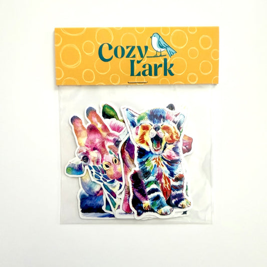 Package of colorful animal stickers in a clear bag with a cardboard header that says Cozy Lark