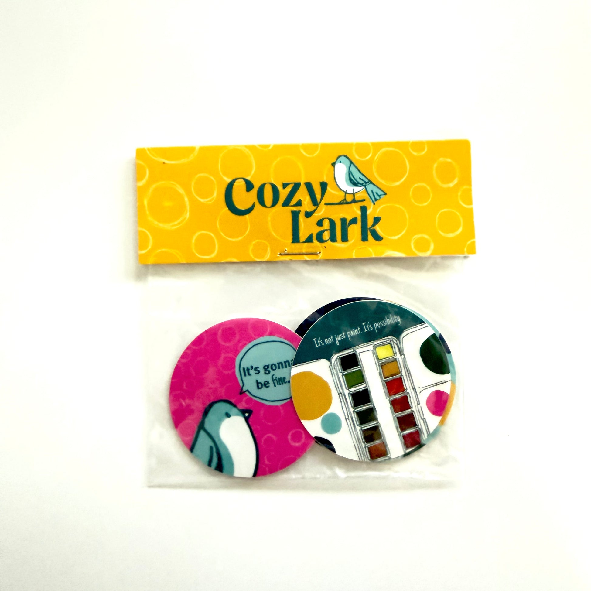 Stickers in a 'Cozy Lark' branded package on a white background