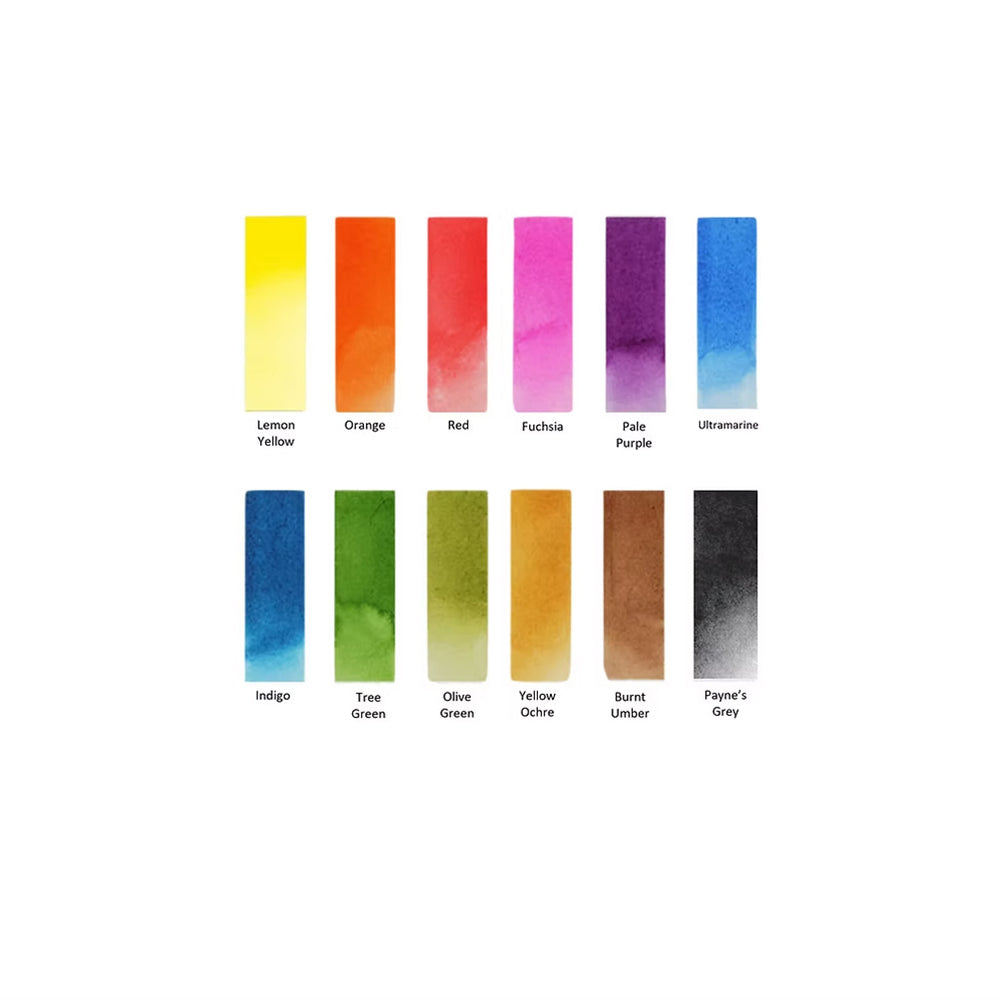12-color watercolor set swatch reference showing pigments on paper for Lemon Yellow, Orange, Red, Fuchsia, Pale Purple, Ultramarine, Indigo, Tree Green, Olive Green, Yellow Ochre, Burnt Umber, and Payne's Grey.