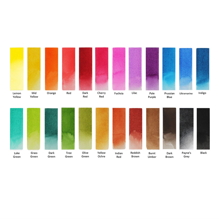 Color swatch chart for the 24-color watercolor set includint Lemon Yellow, Mid Yellow, Orange, Red, Dark Red, Cherry Red, Fuchsia, Lilac, Pale Purple, Prussian Blue, Ultramarine, Indigo, Lake Green, Grass Green, Dark Green, Tree Green, Olive Green, Yellow Ochre, Indian Red, Reddish Brown, Burnt Umber, Dark Brown, Payne's Gray, and Black. 