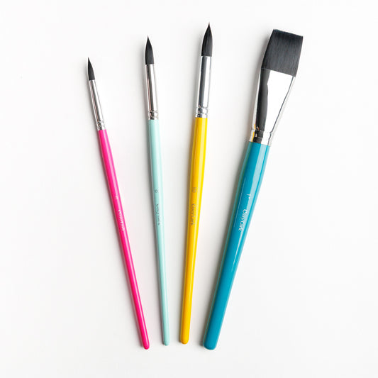 Set of four colorful watercolor brushes including Size 6 round, Size 8  Round, Size 10 Round, and 1 inch flat brushes.