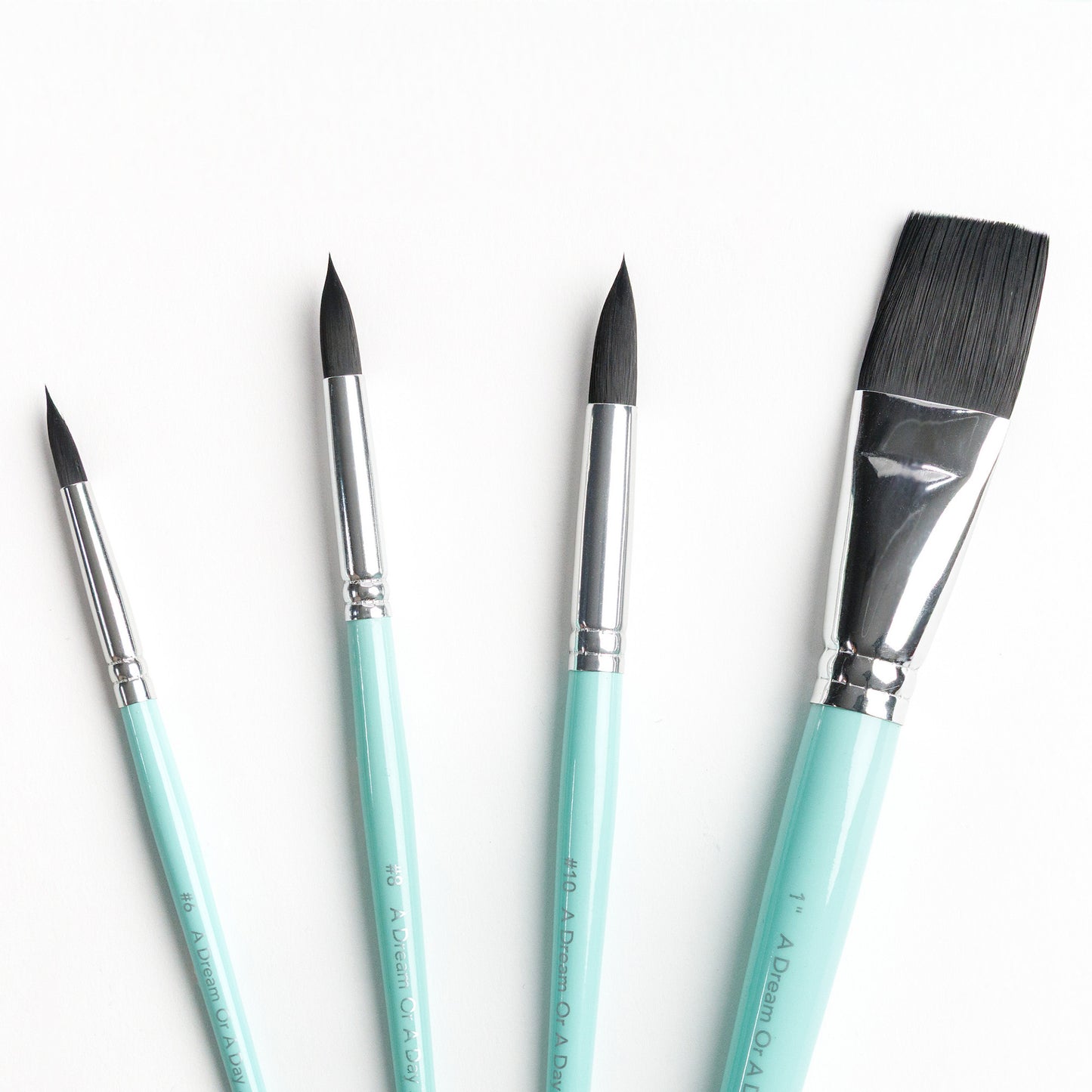 Close up of Four brushes including a Size 6 round brush, Size 8 round brush, Size 10 round brush, and 1 inch flat brush