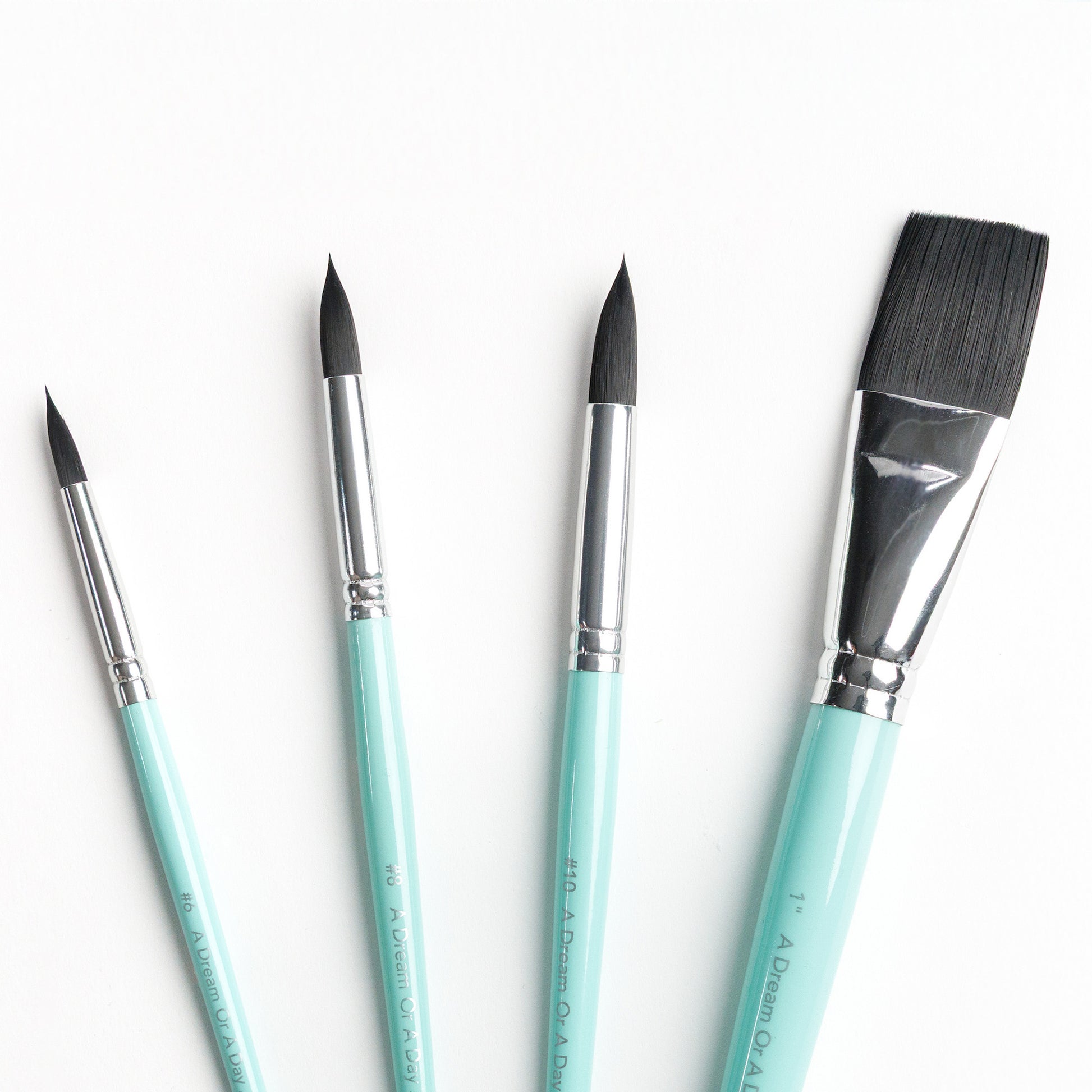 Close up of Four brushes including a Size 6 round brush, Size 8 round brush, Size 10 round brush, and 1 inch flat brush