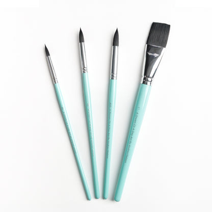 Four brushes including a Size 6 round brush, Size 8 round brush, Size 10 round brush, and 1 inch flat brush