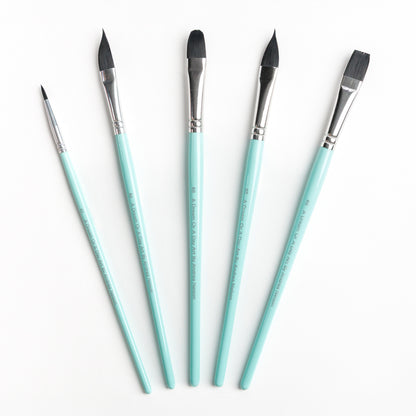 Five brushes including a Size 2 Round brush, Size 6 Dagger brush, Size 8 Filbert brush, Size 8 Cat's Tongue brush, and Size 8 flat brush