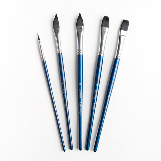 Set of five watercolor brushes withdark blue handles including Size 2 round, Size 6 dagger, Size 8 Cat's Tongue, Size 8 Filbert, and Size 8 Flat brushes.