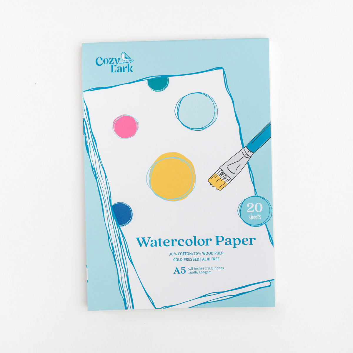 Cozy Lark A5 watercolor paper pad with colorful design on a white background
