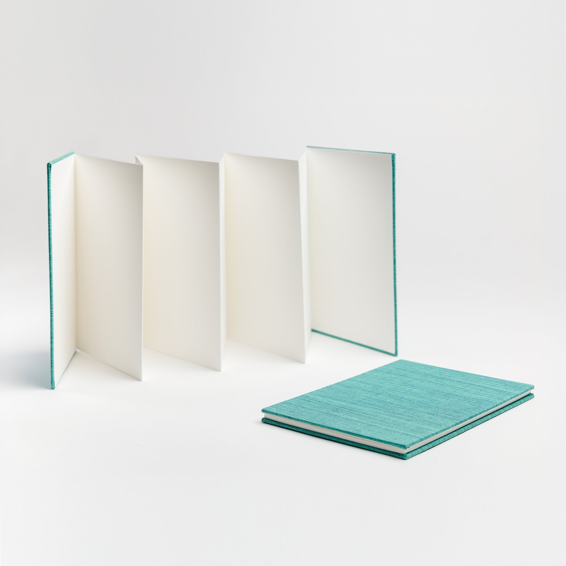 Front view of  accordion book open and closed