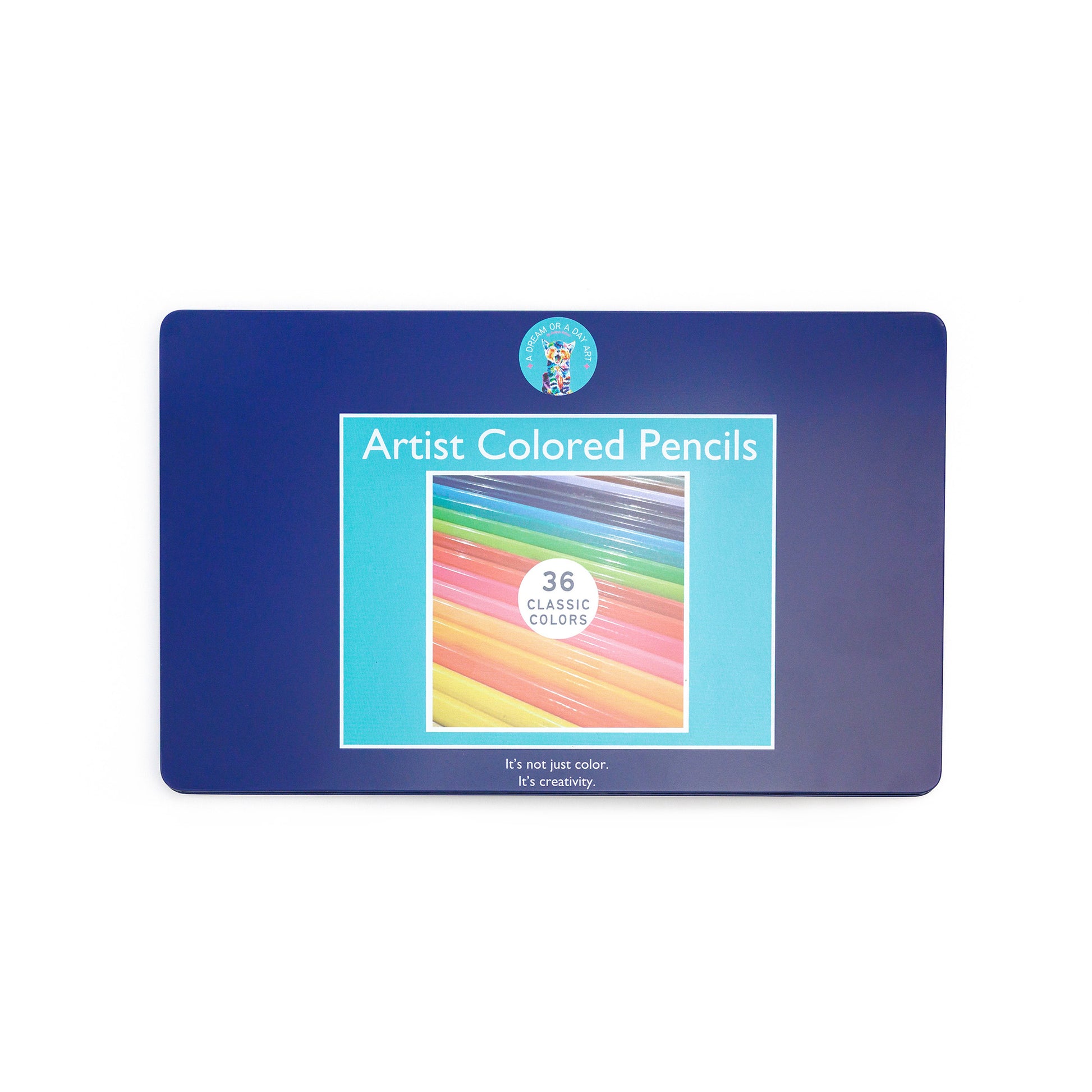 Cover of the 36-color colored pencil set tin in dark blue