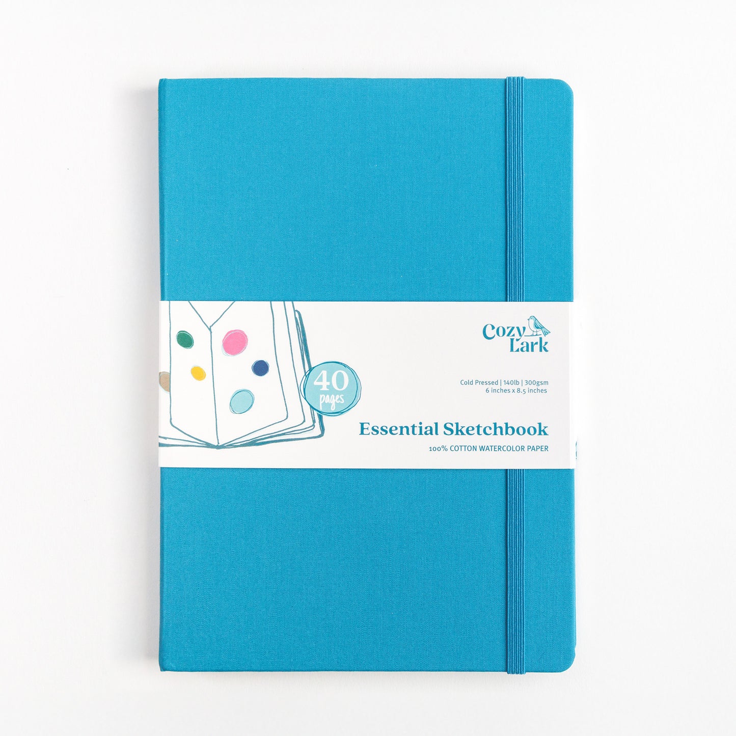 Cozy Lark Essential Sketchbook in teal hardcover with 40 pages of 100 percent cotton watercolor paper