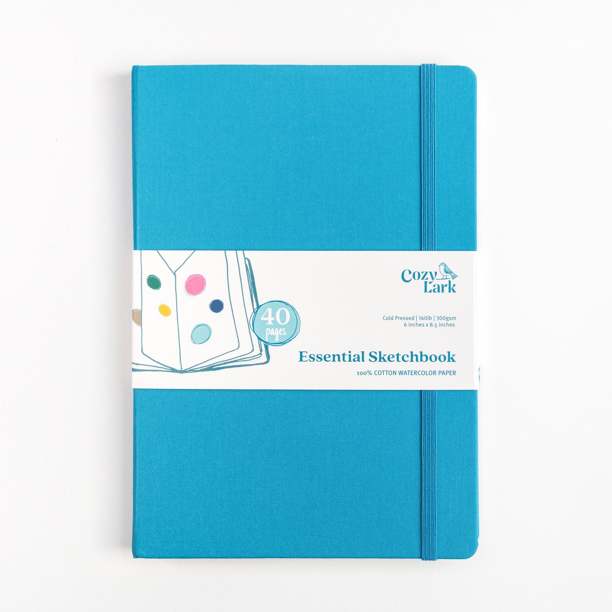 Cozy Lark Essential Sketchbook in teal hardcover with 40 pages of 100 percent cotton watercolor paper