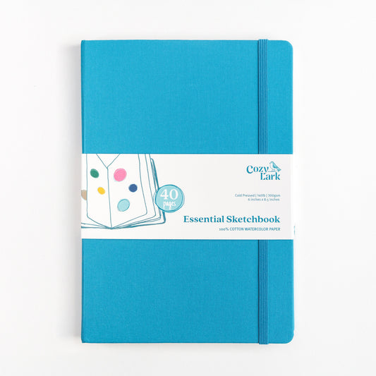 Cozy Lark Essential Sketchbook in teal hardcover with 40 pages of 100 percent cotton watercolor paper