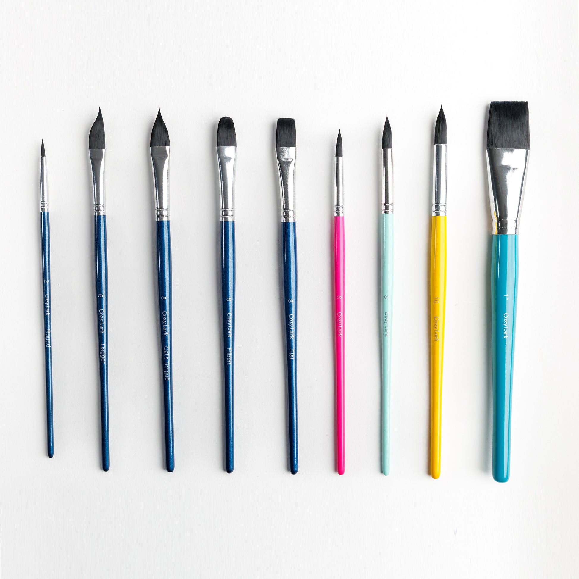 Full set of watercolor of paintbrushes with colorful handles on a white background