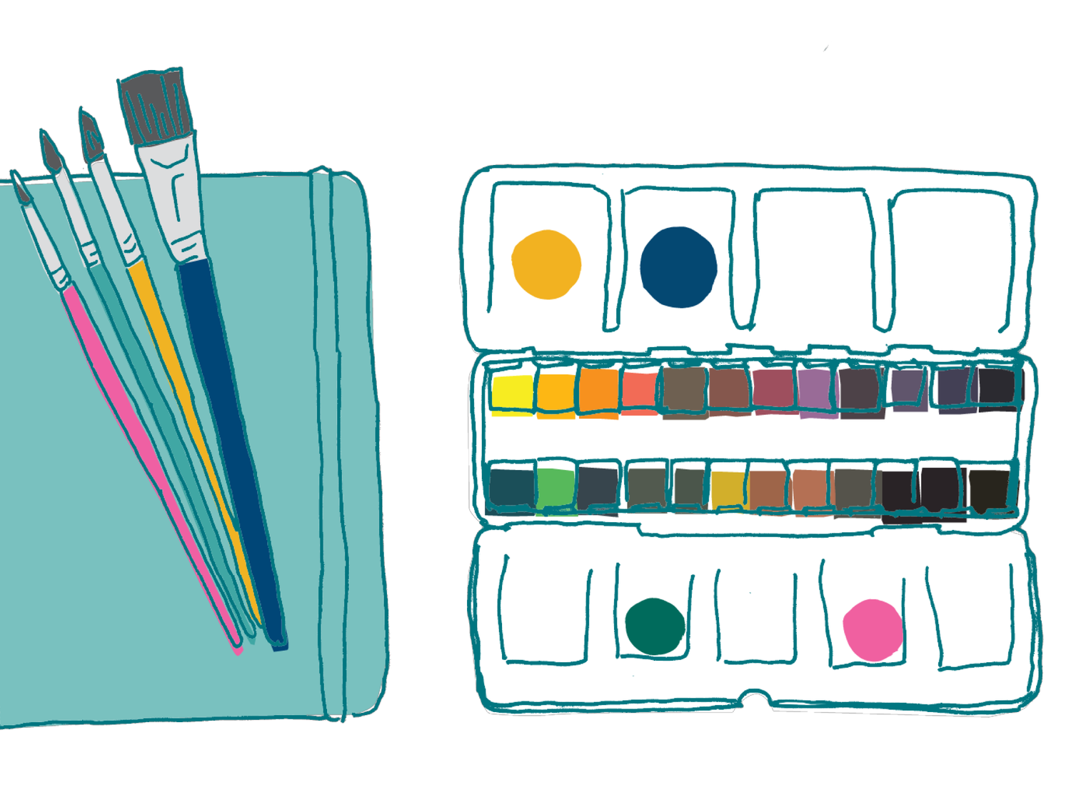 Illustration of 24-color watercolor paints and brushes on a white background