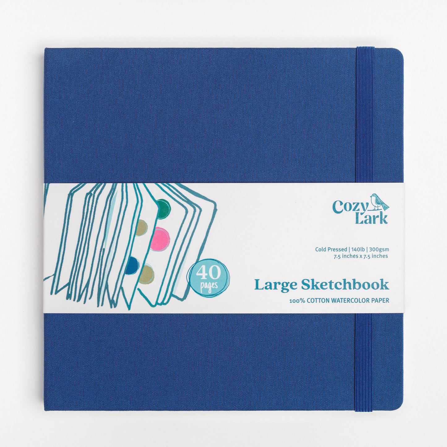 Cozy Lark Large Sketchbook in deep blue cloth hard cover with 40 pages of 100 percent cotton watercolor paper