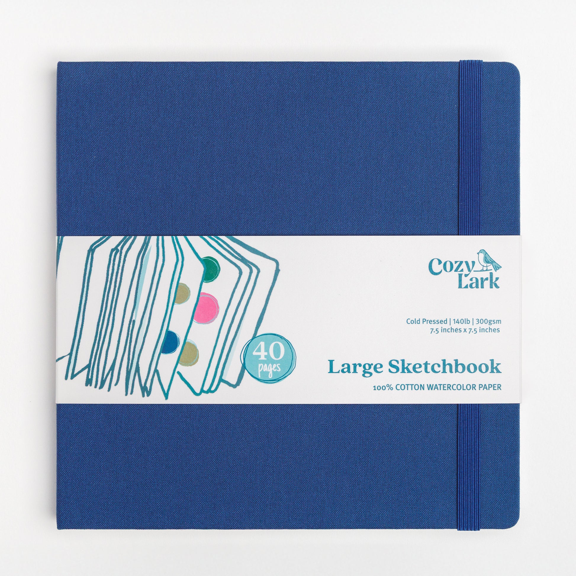 Cozy Lark Large Sketchbook in deep blue cloth hard cover with 40 pages of 100 percent cotton watercolor paper