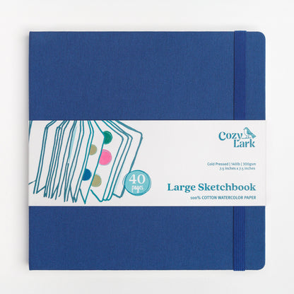 Cozy Lark Large Sketchbook in deep blue cloth hard cover with 40 pages of 100 percent cotton watercolor paper