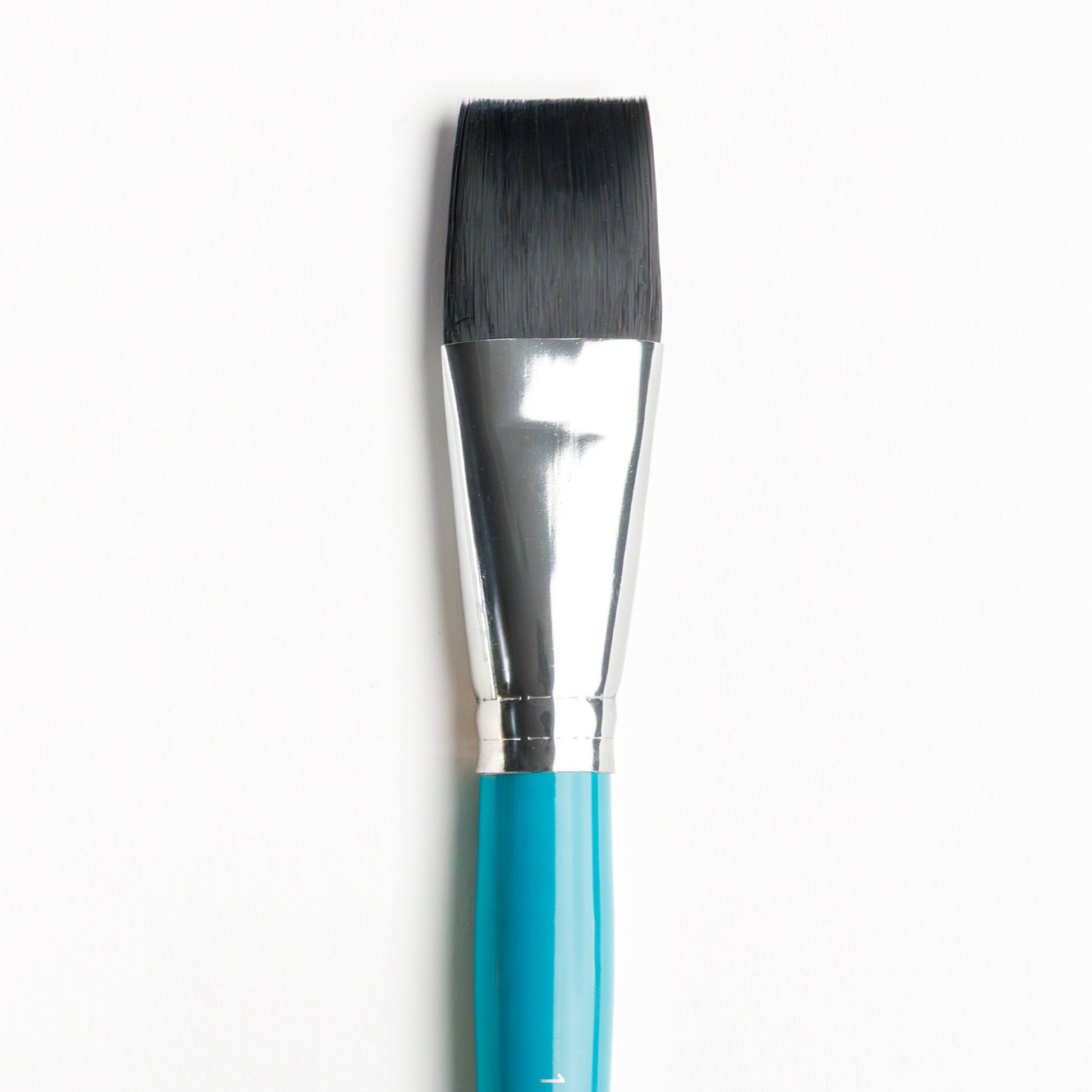 Close up of one inch flat brush with dark bristles, silver ferrule, and teal handle