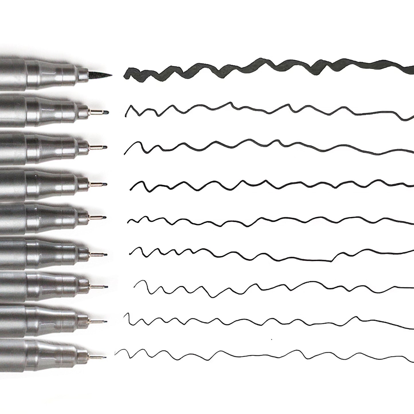 Image of 9 pen set showing a squiggly line drawn by each pen.  