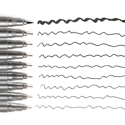 Image of 9 pen set showing a squiggly line drawn by each pen.  