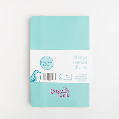 Back cover of pocket practice book and bellyband showing pink metallic "Cozy Lark" imprint 