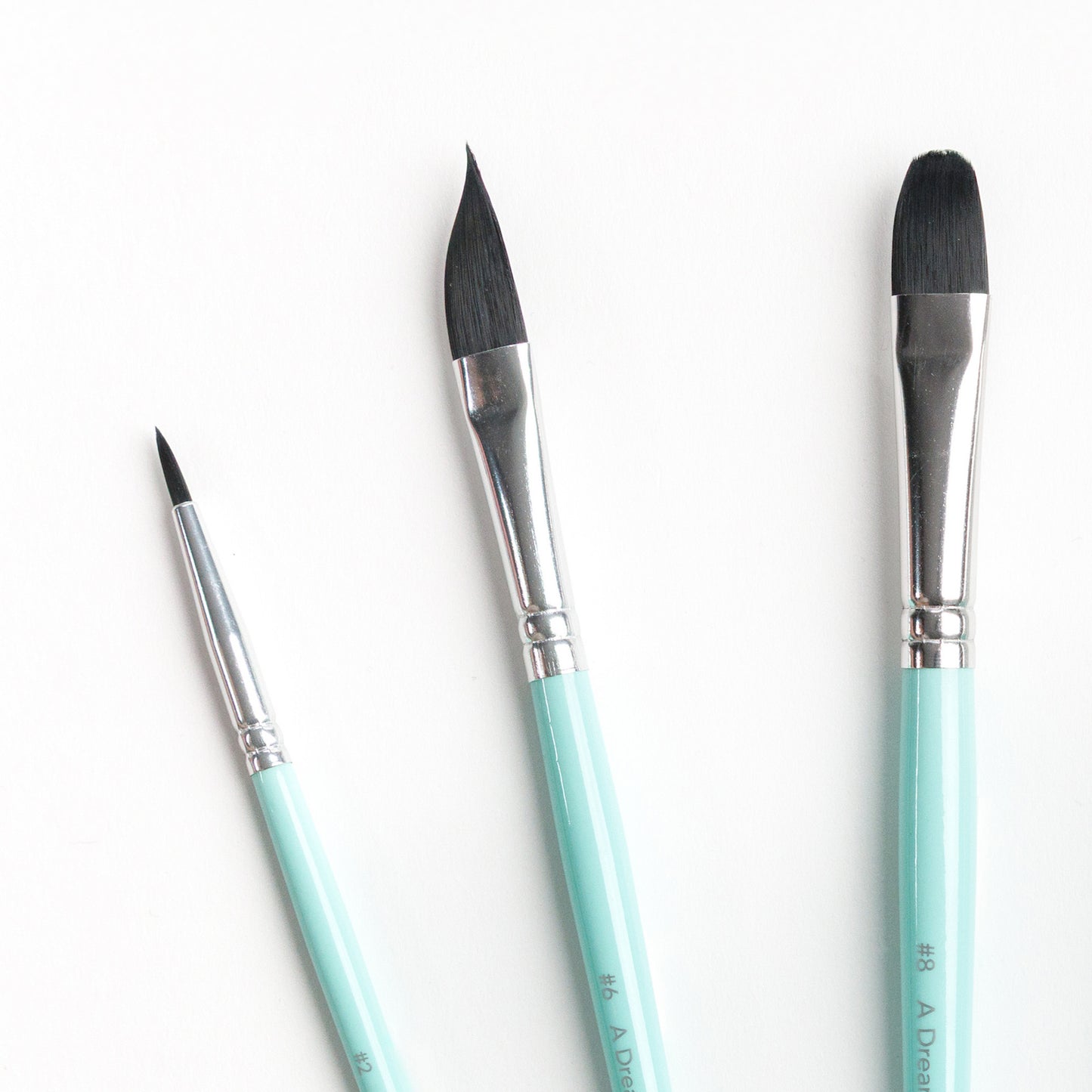 Close up of the Size 2 Round brush, Size 6 Dagger brush, and Size 8 Filbert brush