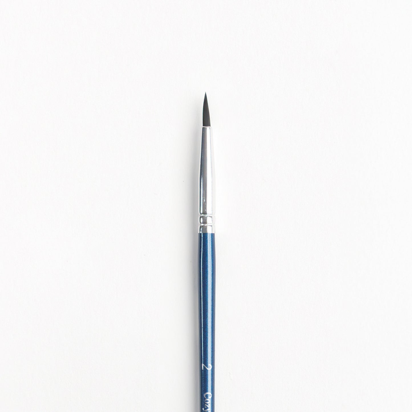 Close up of Size 2 round brush with dark bristles, silver ferrule and dark blue handle
