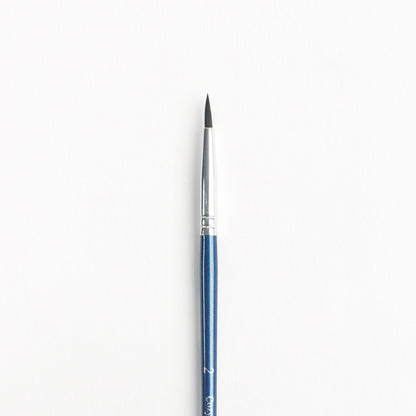 Close up of Size 2 round brush with dark bristles, silver ferrule and dark blue handle
