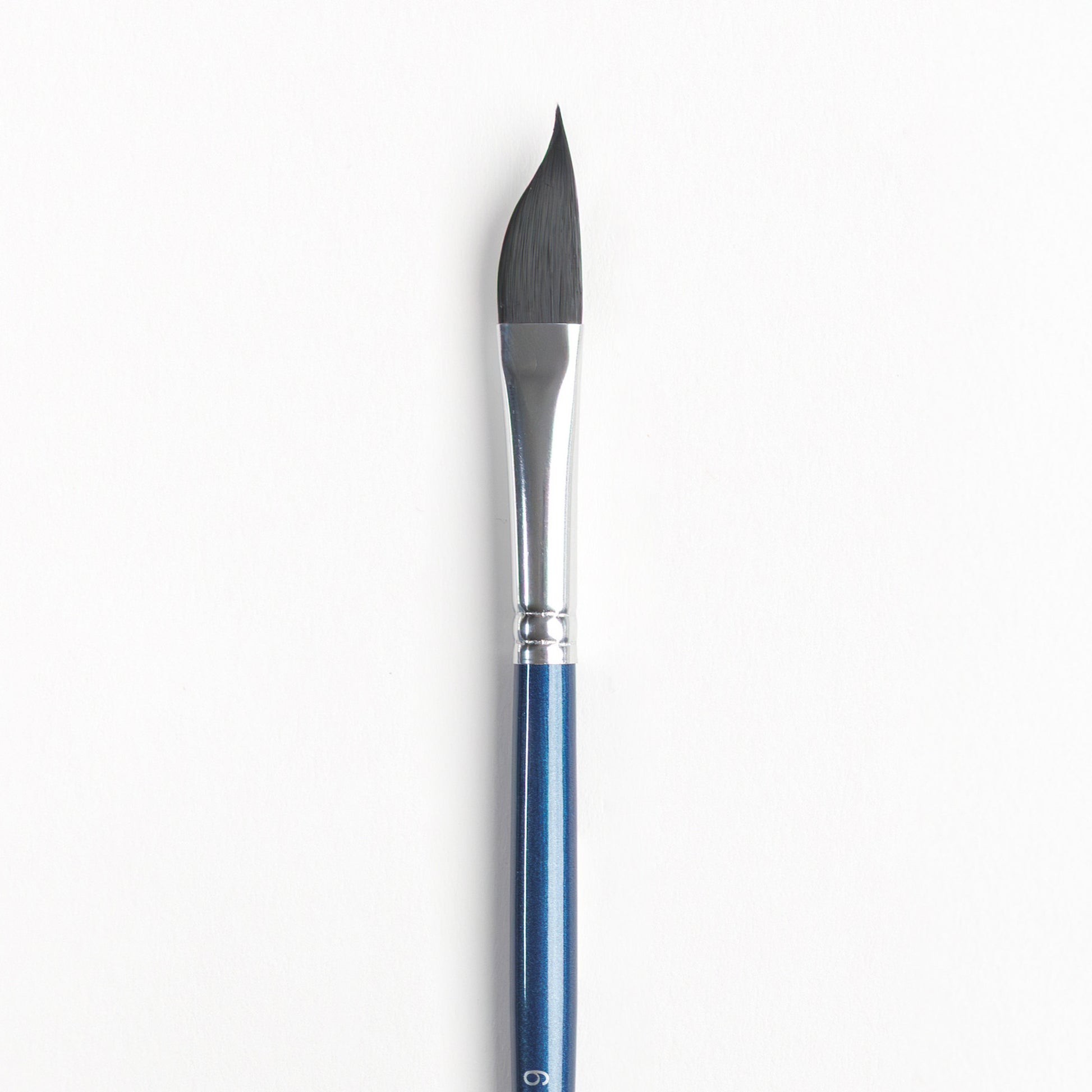 Close up of aSize 6 dagger round brush with dark bristles, silver ferrule and dark blue handle