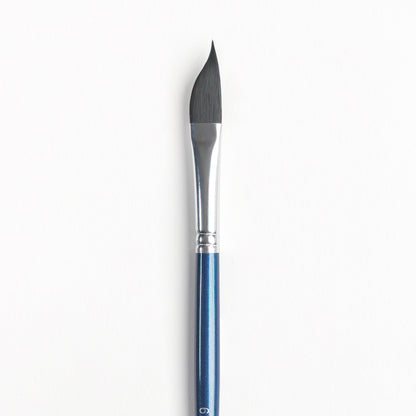 Close up of aSize 6 dagger round brush with dark bristles, silver ferrule and dark blue handle