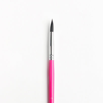 Close up of Size 6 Round brush with dark bristles, silver ferrule and bright pink handle