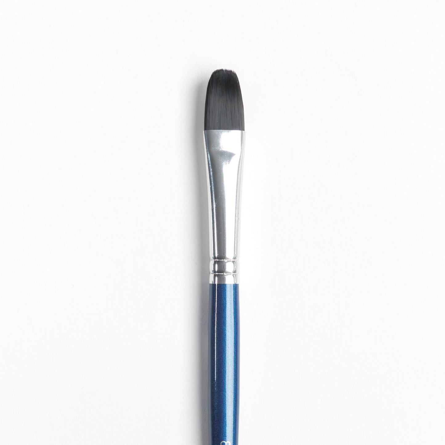 Close up of Size 8 Filbert brush with dark bristles, silver ferrule and dark blue handle