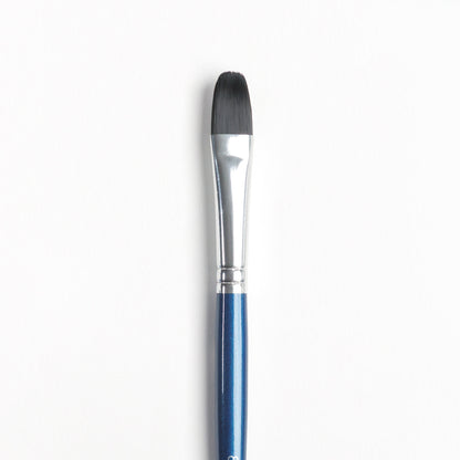 Close up of Size 8 Filbert brush with dark bristles, silver ferrule and dark blue handle