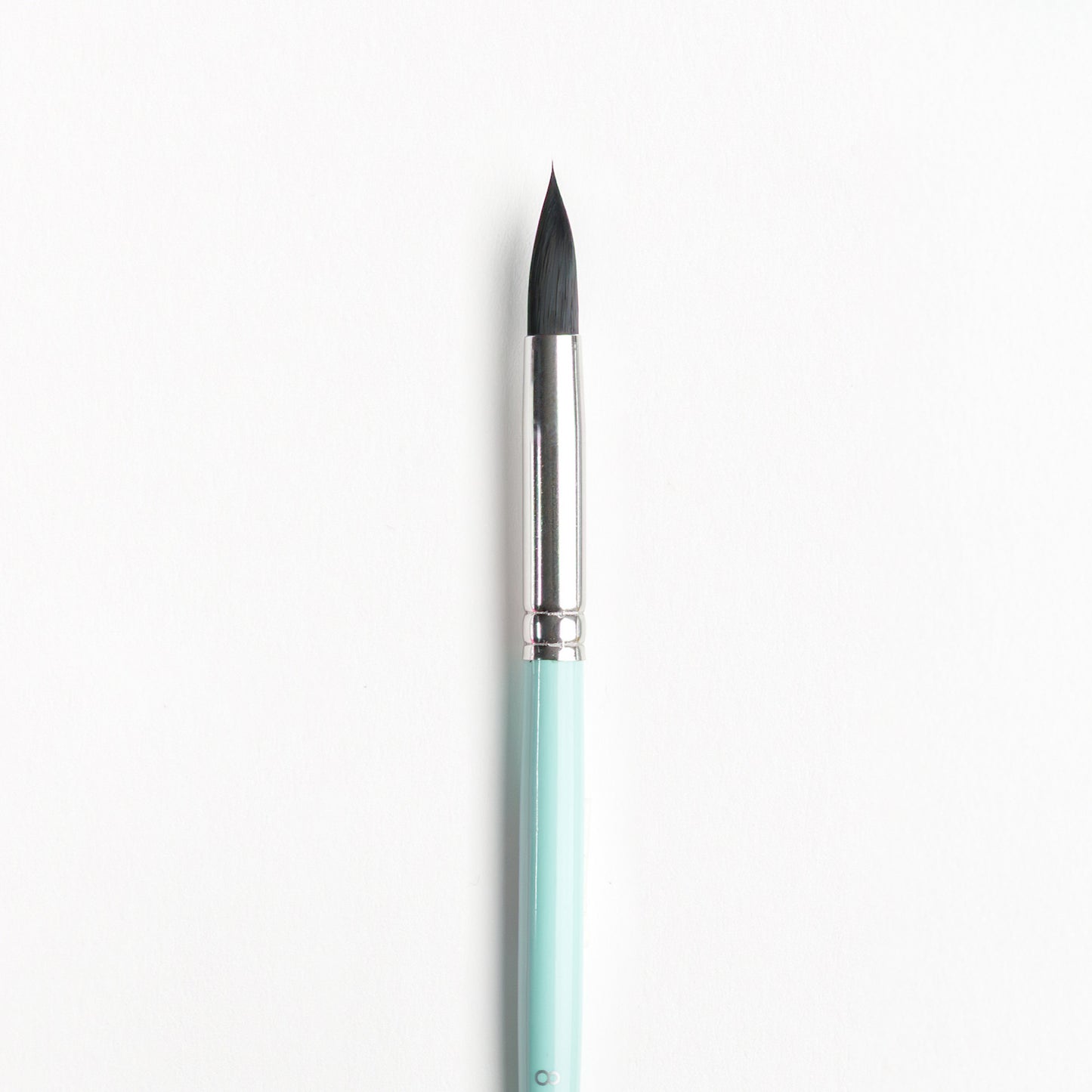 Close up of a Size 8 round watercolor brush with silver ferrule