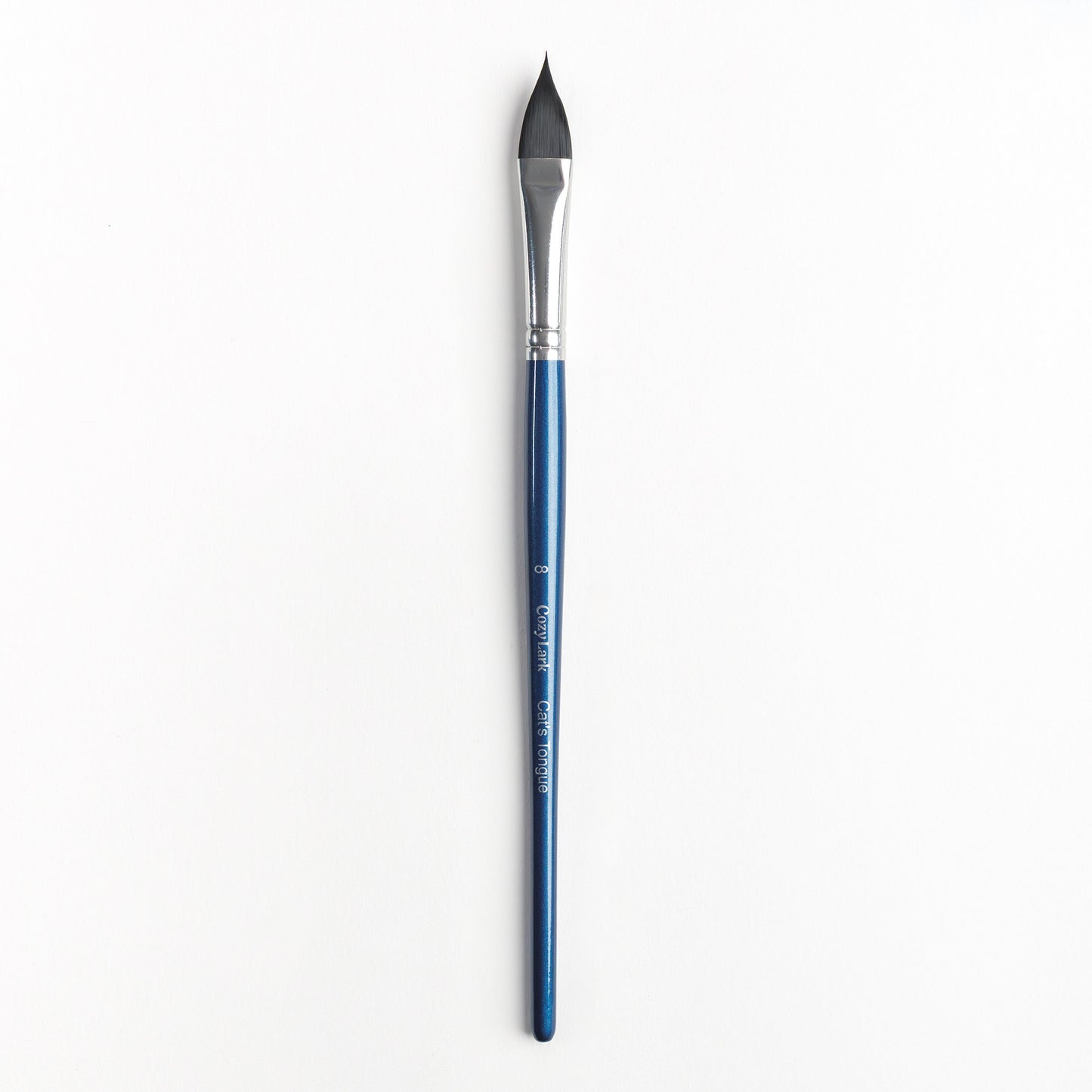 Size 8 Cat's Tongue brush with silver ferrule and dark blue handle